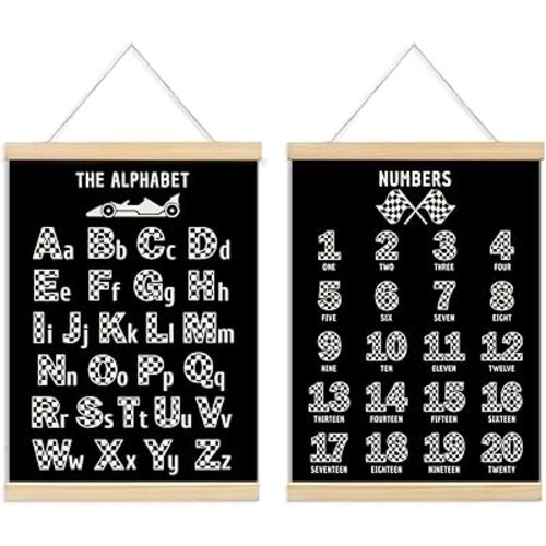 ULEGIE Alphabet Race Car Wall Poster Hanger Frame, Educational Posters For Preschoolers, Kids Playroom Art Prints Boys Race Car Poster Nursery Artwork Set of 2 for Bedroom, 12 x 16 Inch(Black)