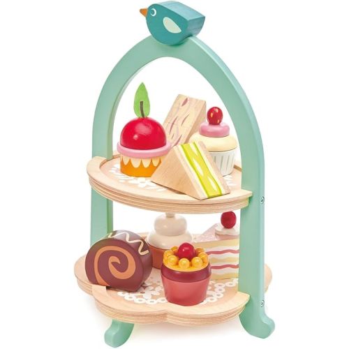 Tender Leaf Toys - Mini Chef Birdie Afternoon Tea Stand – Realistic English Sandwich, Cake and Pastry Tower for Pretend Play High-Tea Party - Social, Creative, and Imaginative Role Play - Age 3+
