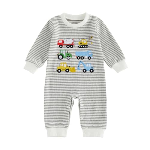 FOCUSNORM Baby Boy Fall Clothes Newborn Winter Outfit Truck Jumpsuit Romper | Truck Embroidered Jumpsuit Waffle Striped Long Sleeve Crew Neck Romper Onesie