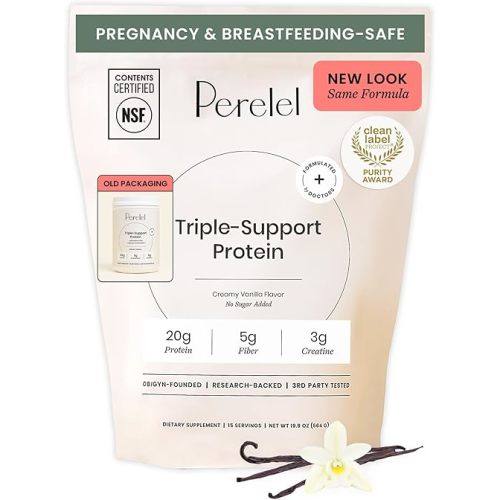 Perelel Triple-Support Plant Based Protein Powder, Creamy Vanilla, 20g Vegan Protein Powder, 3g Creatine Monohydrate, & 5g Prebiotic Fiber per Serving, Dairy Free, No Sugar Added, 15 Day Supply