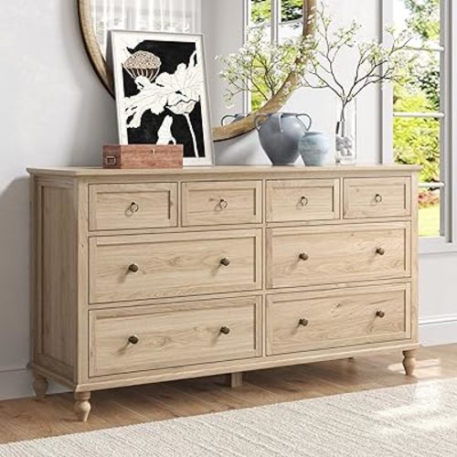 65inch Large Long Drawer Dresser w/Deep Drawers,Rustic Wood 8 Drawer Dresser with Large Capacity for Living Room,Wooden Chest of Drawers for Bedroom,Living Room,Entryway,Oak