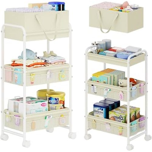 Cidaziya 2 in 1 Baby Diaper Organizer with Diaper Caddy Basket,Nursery Organizers and Storage Cart for Baby Essentials with Side Pockets, Rolling Postpartum Cart for Nursery, Baby registry