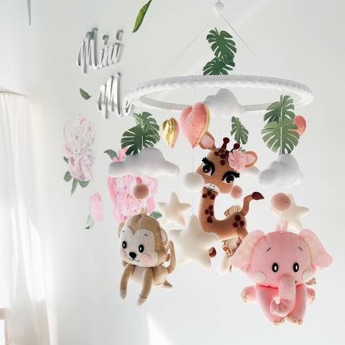 Mobile safari baby girl Giraffe pink nursery decor Africa animals crib mobile Elephant lion baby mobile Coastal tropical baby shower gift