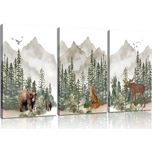 3Pcs Woodland Nursery Wall Art Wild Animals Posters Pictures Foggy Forest Canvas Prints Adventure Theme Kids Wall Decor Watercolor Paintings for Children Boys Room Girls Room Framed