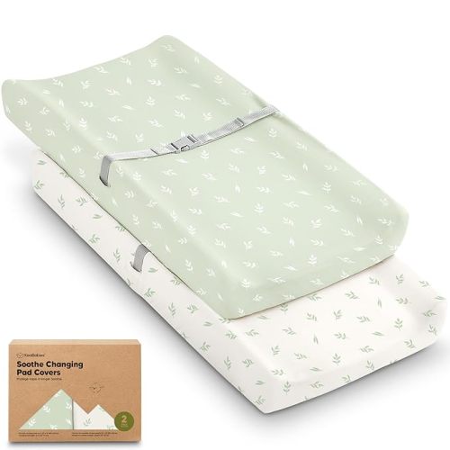 2-Pack Organic Changing Pad Covers for Girl, Boy, Neutral - 100% Cotton Changing Table Pad Cover, Soft Baby Nursery Diaper Changing Pad Sheets, Contour Changing Pads Liners, Change Pad Cover (Herb)