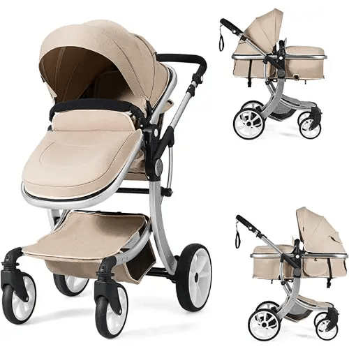 HONEY JOY Baby Stroller, High Landscape Convertible Infant Bassinet, Adjustable Canopy & Backrest, Storage Basket, Foot Cover, Foldable Newborn Carriage Pram (Beige)