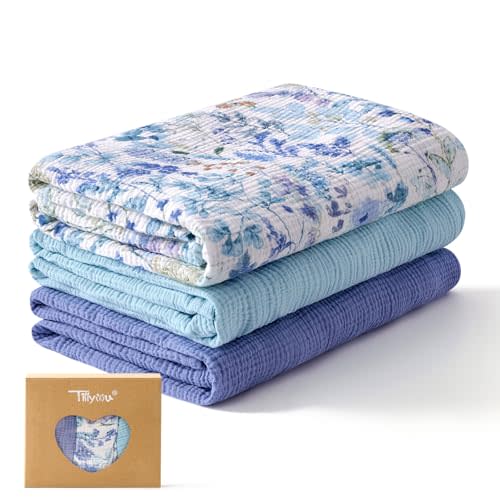 TILLYOU 3 Pack Muslin Swaddles for Newborns Baby Blankets for Girls Boys Cotton Swaddle Blankets 47"X47", Blue Flower
