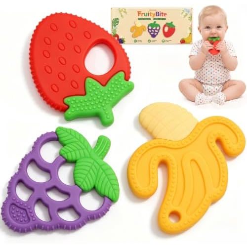 3 Pack Baby Teething Toys Silicone Baby Fruit-Shaped Teether Set