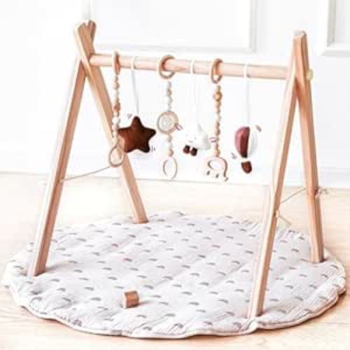 Wooden Baby Play Gym with Mat, Foldable Baby Play Gym Frame Activity Gym Hanging Bar with 6 Gym Baby Toys Rainbow Playmats for Newborn Baby (Natural)