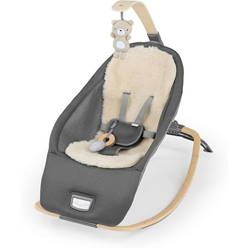Ingenuity Every Season 2-in-1 Baby Rocker & Seat - Cooling and Warming Fabrics, Detachable Sustainable Wooden Activity Bar, Music, Vibration, for Ages 0-30 Months, Wesley (Grey)