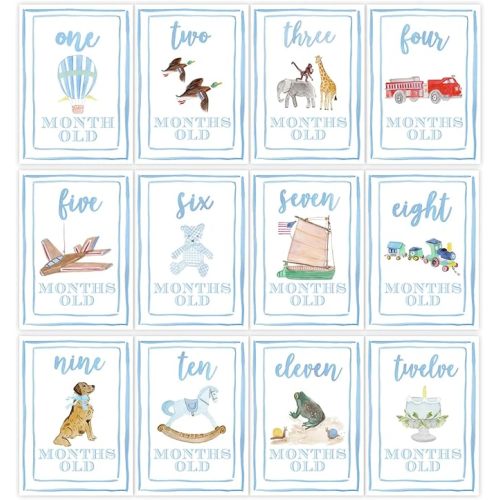 Watercolor Monthly Milestone Cards - Baby Milestone Cards Set, Monthly Markers for for Newborn to 12 Months, Photo Prop, Baby Shower (Blue)