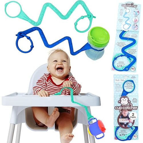 Brilli Baby Cup Catcher Patented Safety Tether Strap, Attach Sippy Cups, Bottles, Pacifiers & More to Stroller, High Chair, Car Seat, Made in USA, Food Grade, Dishwasher Safe (Aqua & Navy)