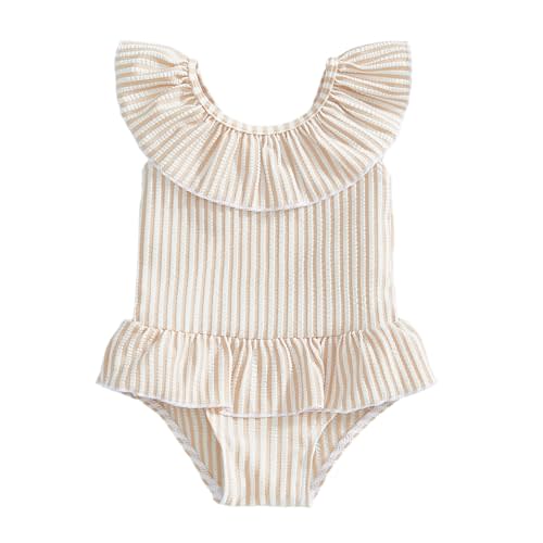 Toddler Baby Girls Seersucker Striped Sleeveless One Piece Swimsuit Bathing Suit Little Girls Ruffled Swimwear