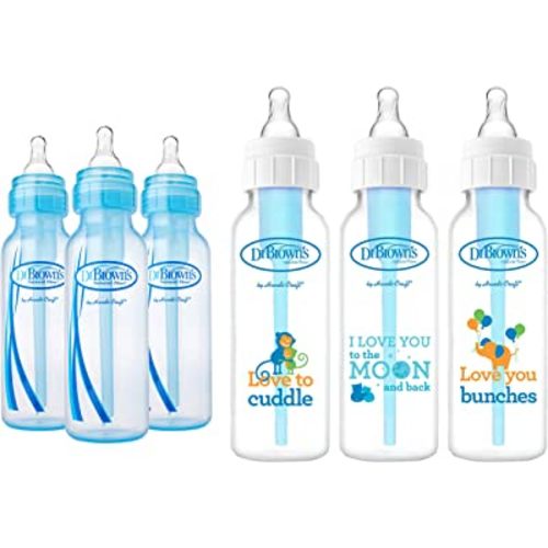 Dr. Browns Baby Bottles Boys 6 Pack - 3 (8 oz) Blue and 3 (8 oz) Clear Bottles with New Prints