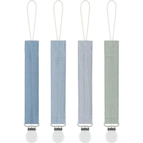 MoodyBaby® Soft Organic Muslin Cotton Fabric Soother Clips - Handmade Pacifier Dummy Clip Chain for Babies Newborns Girls Boys - Mam Soother Chain Neutral Unisex Boho Shower Gift - 4 Pack (Blue Green)