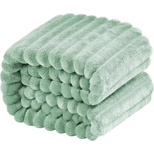 NTBAY Plush Flannel Twin Bed Blanket, 60x80 Inches Soft and Warm Lightweight Bed Blanket with Striped Texture for Couch, Sofa, All Seasons, Mint