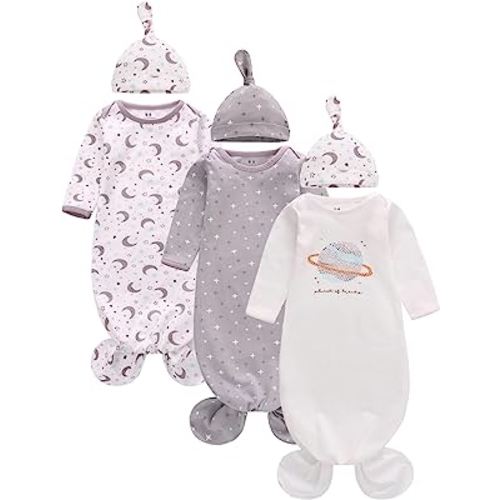 Newborn Knotted Nightgown Long Sleeve with Matching Hat Set 3 Pack, Baby Sleeper Gowns Unisex Home Outfits Set with Mitten Cuffs for Boys Girls 0-3 Months