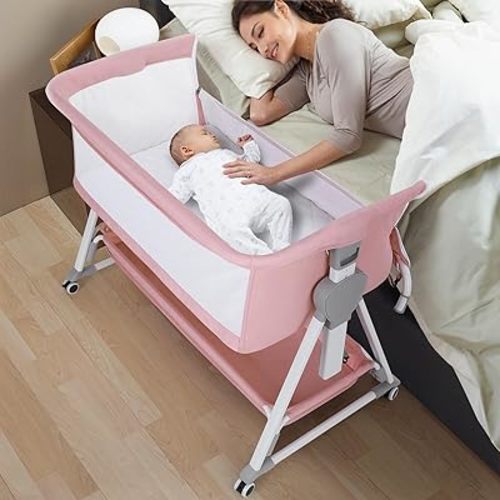 Cowiewie Bassinet Bedside Sleeper, Baby Bassinet with 7 Adjustable Height, Bedside Bassinets for Baby with Breathable Mesh Sides & Mattress, XL Storage, Easy Folding Crib (Pink and White)
