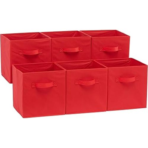 Amazon Basics Cube Organizer Storage Bins Handles, Collapsible Fabric, Pack of 6, 10.5"x10.5"x11", Red