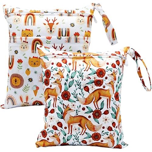 2pcs Cloth Diaper Wet Dry Bags Waterproof Reusable with Two Zippered Pockets Travel Beach Pool Daycare Soiled Baby Items Yoga Gym Bag for Swimsuits or Wet Clothes (FOX)