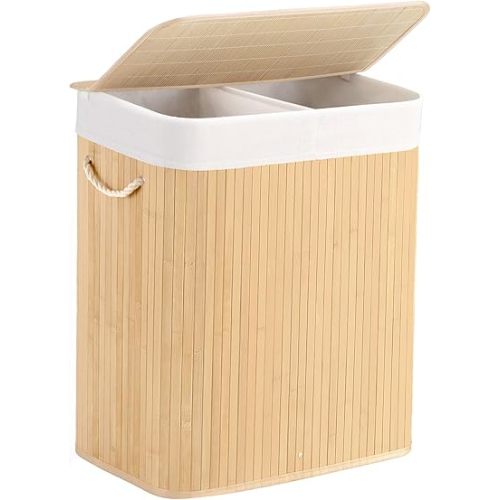 Aliphon 100L Laundry Hamper with lid, 2-Section Clothes Laundry Basket with Handles, Large Collapsible Bamboo Baskets for Bedroom, Bathroom, Dorm, Natural Beige