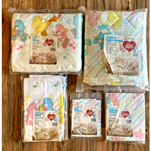VTG 80s CARE BEARS 6 pc Set Crib Bedding CURITY Unisex MINT Sealed Made In USA