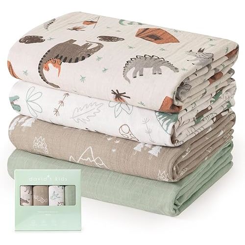 david's kids Baby Muslin Swaddle Blankets, 4 Pack 100% Cotton Swaddle Blankets for Newborns, Soft Breathable 47 x 47 in Large Receiving Blankets for Boys and Girls, Dinasor & Camp