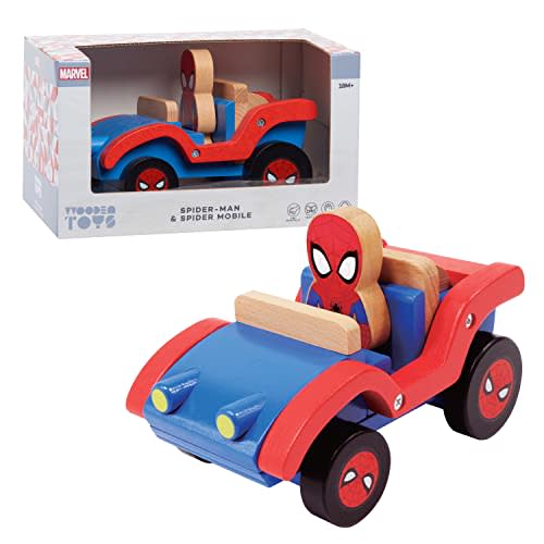 Just Play Disney Wooden Toys Spider-Man and Spider Mobile, Figure and Vehicle, Officially Licensed Kids Toys for Ages 18 Month, Amazon Exclusive