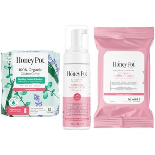 The Honey Pot Company - Postpartum Pads, Wash, & Wipe Bundle - Postpartum Essentials - 12ct Pads, Witch Hazel Feminine Wash, 20ct Witch Hazel Feminine & Hemorrhoid Wipes