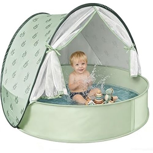 Baby Beach Tent with Pool, 3-in-1 Upgrade Pop Up UPF 50+ Sun Protection Shelter with Mosquito Net Babies Toddlers Portable Outdoor Summer Essentials for Beach, Backyard, Indoor- Green Leaves