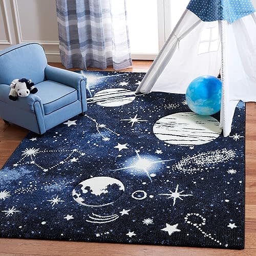 SAFAVIEH Carousel Kids Collection Accent Rug - 4' x 6', Dark Blue & Light Blue, Non-Shedding & Easy Care, Ideal for High Traffic Areas for Boys & Girls in Playroom, Nursery, Bedroom (CRK122M)