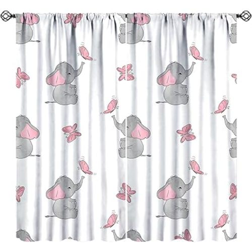 Gray Elephant Blackout Curtains, Cute Elephant Pink Butterfly Kids Room Decorative Window Drapes for Bedroom Living Room Nursery, 42" W X 54" L