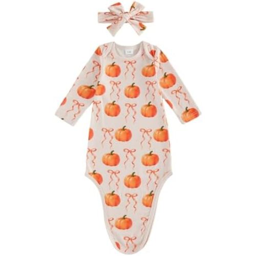 Halloween Baby Girl Sleeping Bag Ghost Pumpkin Bow Print Nightgown + Headband Coming Home Outfit Cute Fall Winter Pjs