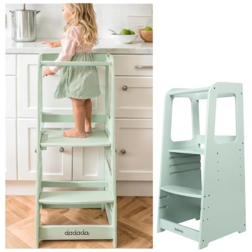 dadada Baby Montessori Toddler Tower - Adjustable Kitchen Step Stool for Kids with Safety Rail - Baby-Safe Finish, Encourages Cooking Skills and Independence - Sage