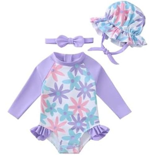 Renotemy Baby Girls Swimsuit Summer Infant Girl Bathing Suit Zipper Long Sleeve One-Piece Rash Guard Swimwear with Hat 3M-3Y