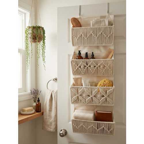 Macrame Over The Door Organizer | 4 Tier Large Woven Pockets | Boho Nursery Bathroom Storage