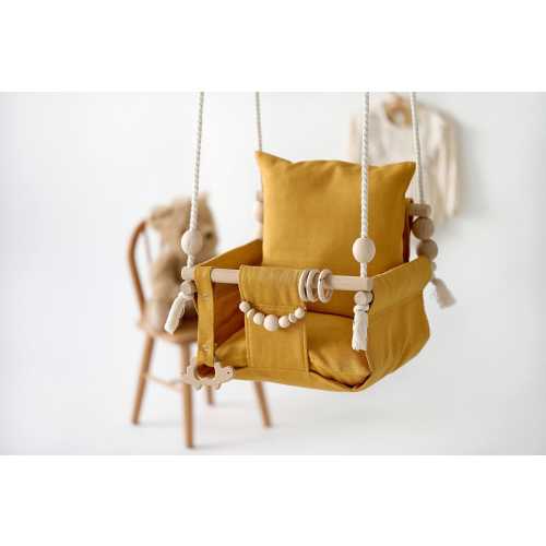 Mustard Yellow Outdoor Garden Baby Swing, Sindoor swing, with playing beads Garden Swing, Gift For Baby, Wood Swing, Swing with pillow