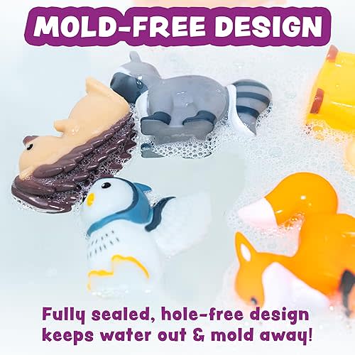 Tub Works® Woodland Animals Watertight Baby Bath Toys, 6 Pack | Sealed, No Hole Bath Toys Design Keeps Moisture Out | Soft, Squeezable & Float on Water | Easy-Grip Toddler Bath Toy Set for Kids Bath