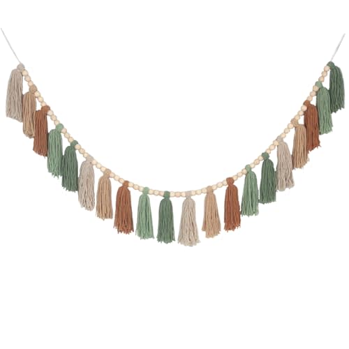 Sage Green Brown Boho Yarn Wood Bead Tassel Garland Wall Hanging Decor Neutral Earth Tone Woodland Banner Tassels for Nursery Classroom Birthday Party Kids Bedroom Baby Shower Decorations