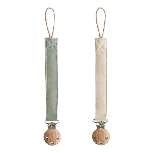 mushie Linen Baby Pacifier Clip Holder (Olive/Shifting Sand)