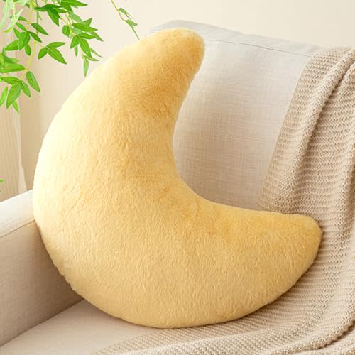 Moon Pillow, Decorative Throw Pillows with Soft Faux Rabbit for Bed Couch, Moon Shaped Pillows Plush Floor Cushions Room Decor Pillow for Sofa Bedroom Living Room