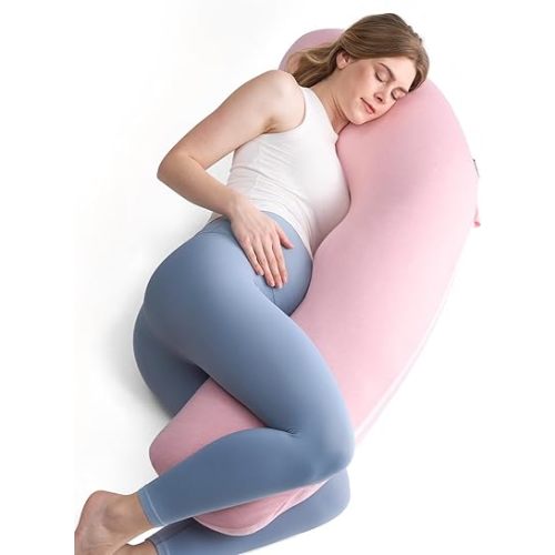 Momcozy Body Pillow for Pregnancy, J Shaped Pregnancy Pillows for Side Sleeping, Soft Maternity Pillow with Jersey Cotton Cover for Head Neck Belly Support, Pink