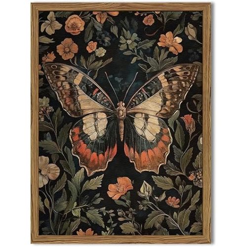 Framed Vintage Butterfly Wall Art, Dark Academia Flowers Insect Pictures Wall Decor Paintings, 3D Textured Sandstone Nature Botanical Prints for Living Room Bedroom Office Home Decor 12x16 inch