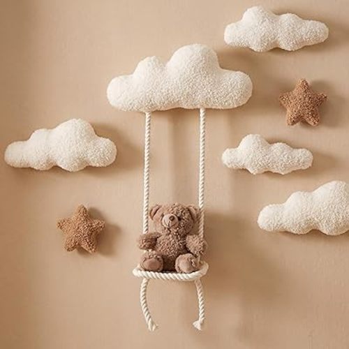 Chumia 7 Pcs Teddy Bear and Moon Wall Decor Nursery Wall Art with Clouds Stars Soft Plush Baby Room Decor Gender Neutral for Bedroom Decoration (Swing)
