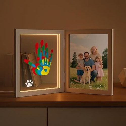 Sortnic Family Handprint Kit with Light, DIY Baby Handprint Photo Keepsake Wooden Frame for 4, Ideas Craft Gifts for New Mom, New Parents with 5 Non-Toxic Baby Safe Paints, Anniversary, Christmas