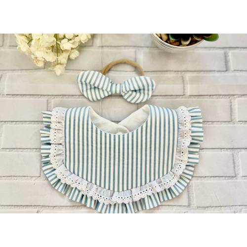 Light Blue Stripes Ruffle Baby Bib and Matching Headband /Baby Bib / Soft and Absorbent Bib for Baby Girls / Baby Girls Bib / One Size