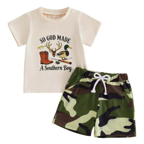 WUANDIXFA Toddler Baby Boy Summer Camo Clothes Hunting Outfits Short Sleeve Shirt Shorts Set 3 6 12 18 Months 2T 3T (Khaki, 6-12 Months)