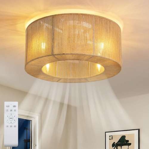 18 in. Indoor Boho Brown Jute Rope Cage Drum Low Profile Flush Mount Fandelier Ceiling Fan with Remote No Bulbs Included