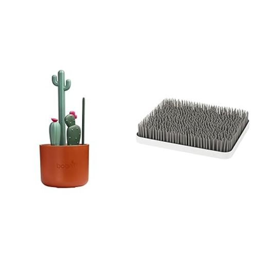 Boon Cacti Bottle Cleaning Brush Set - Includes Bottle Brush, Nipple Brush, Detail Brush & Lawn Countertop Baby Bottle Drying Rack - Lawn Inspired Baby Bottle Rack and Bottle Organizer - Terracotta Set+ Baby Bottle Drying Rack