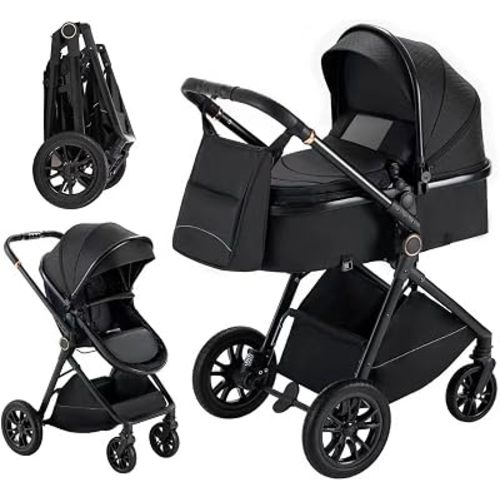 2 in 1 Baby Stroller Newborn to Toddler, Reversible Bassinet & Seat Mode, Foldable Pushchair with Adjustable Canopy, Anti-Shock All-Terrain Wheels, Lightweight Travel Pram for 0-36 Months (Black)